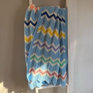 Handmade Multicolor Baby Blue Crochet Chevron Afghan Throw Blanket